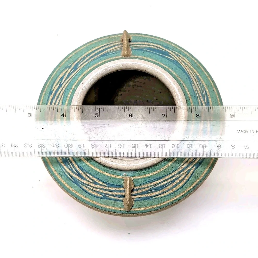 Studio Pottery Handmade Vase Handles Turquoise Blue Wave Glaze Beige Stoneware